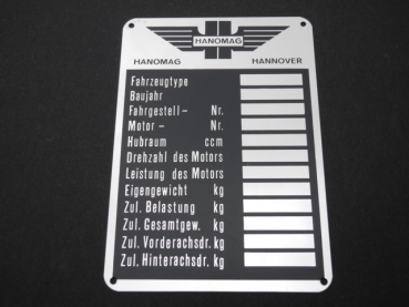 Typenschild bis ca. 1943 für Hanomag Schlepper